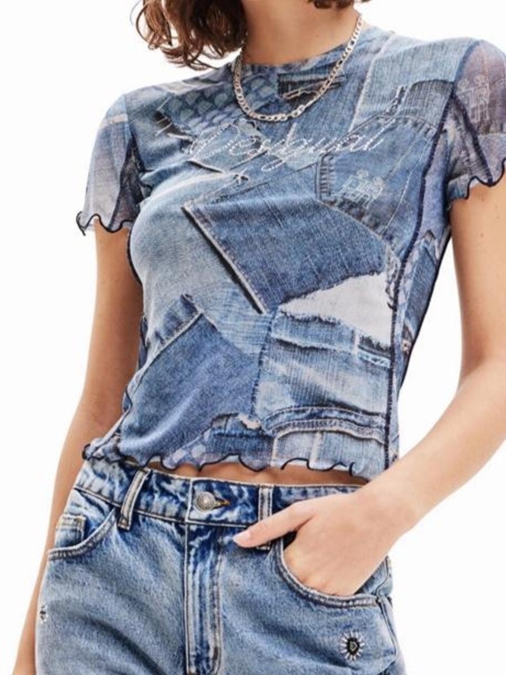 Desigual Blue Patchwork Denim-Print Top